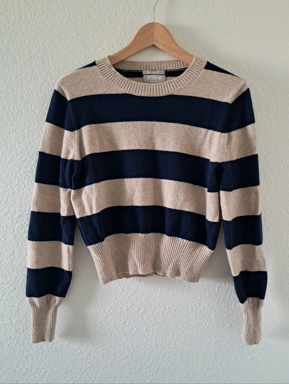 J. Crew Sweater100% Cashmere Striped Cropped  Blue Tan Size Medium